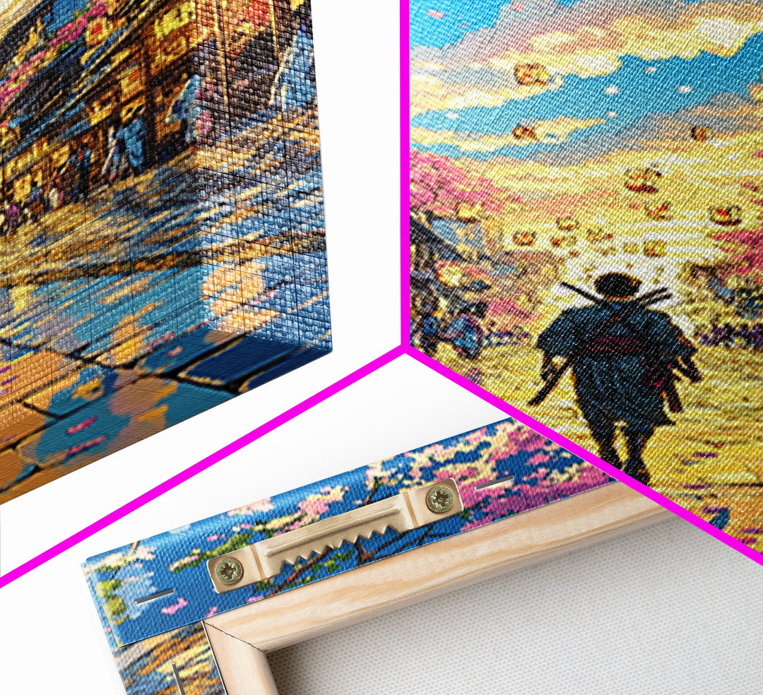 Samurai Lantern Festival Street Wall Art, Japanese Cherry Blossom Canvas Print, Colorful Anime Inspired Home Decor Gift Print