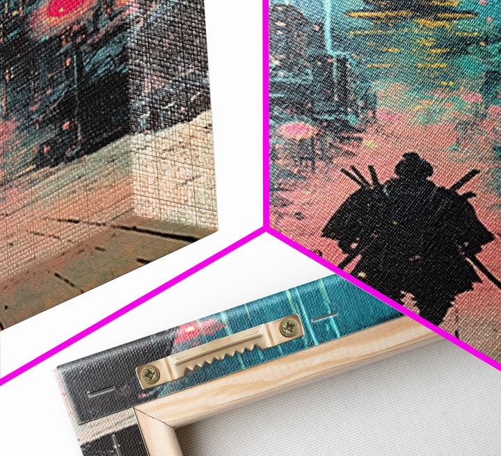 Moody Rain Samurai And Pagoda Wall Art, Japanese Cyberpunk Canvas Print, Dark Neon Cityscape Office Decor Gift For Him Poster