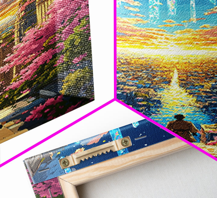 Futuristic City Sunset Vista Wall Art, Cherry Blossom Sci Fi Canvas Print, Vibrant Anime Landscape Living Room Decor Gift