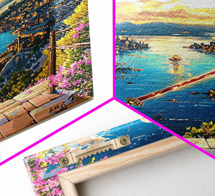 Moonlit Samurai Over Coastal Harbor Wall Art, Japanese Fantasy Landscape, Cherry Blossom Decor, Samurai Canvas, Gift For Him