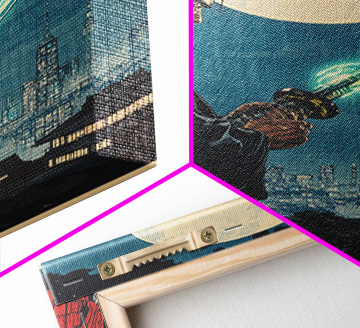 Cyber Samurai Under Full Moon Wall Art, Japanese Warrior Print, Sci Fi Cityscape, Neon Sword Decor, Masculine Office Art