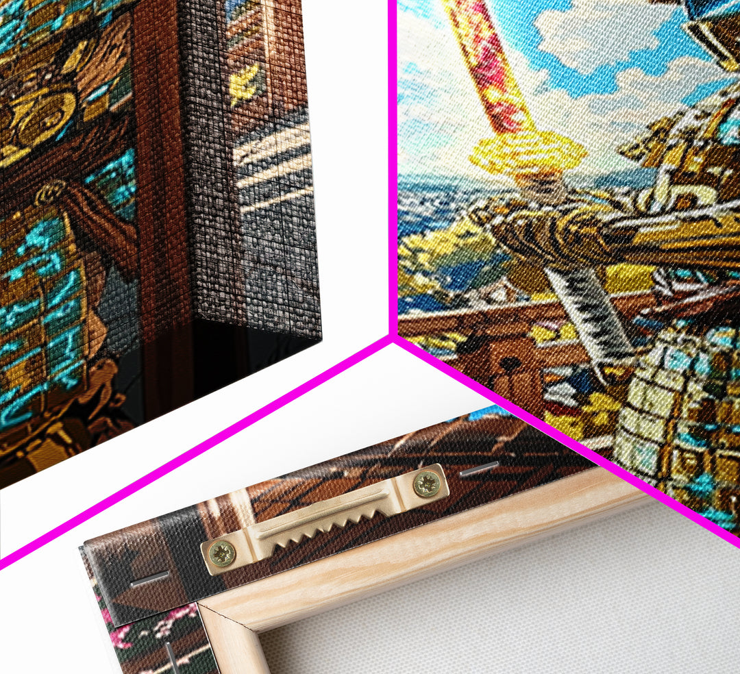 Golden Samurai On Cherry Blossom Balcony Wall Art, Japanese Seascape Print, Fantasy Warrior Wall Decor, Unique Gift For Him