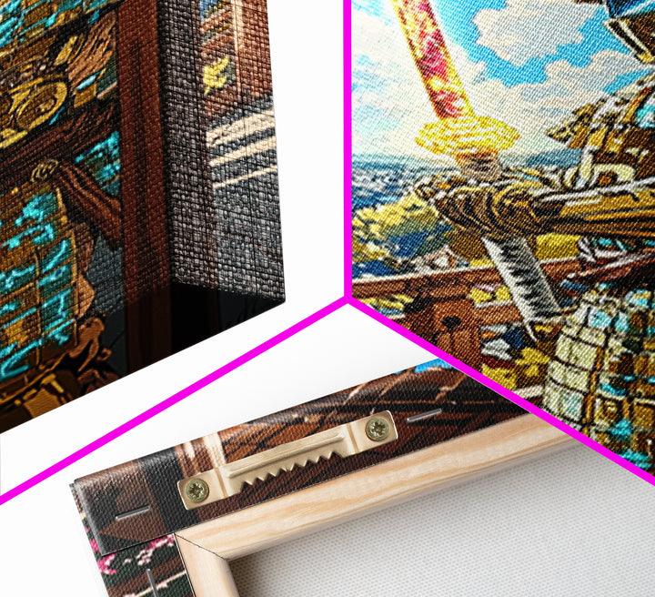 Golden Samurai On Cherry Blossom Balcony Wall Art, Japanese Seascape Print, Fantasy Warrior Wall Decor, Unique Gift For Him