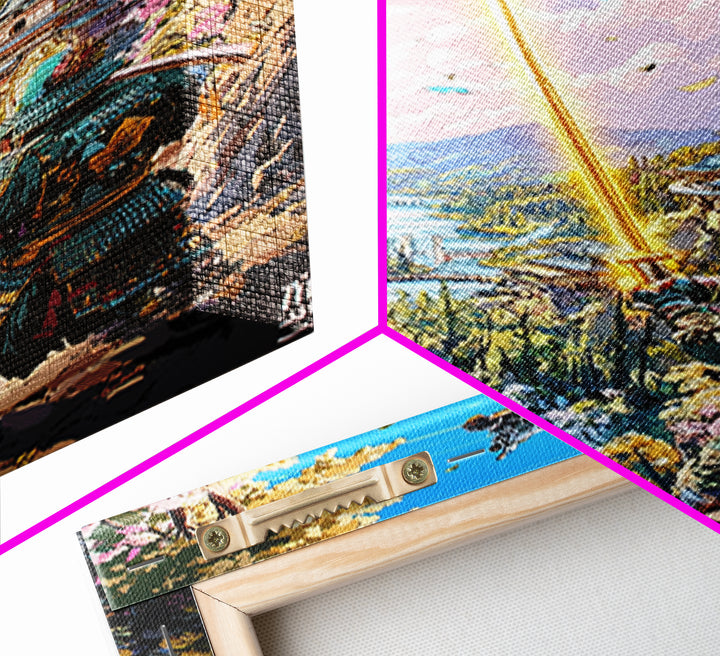 Samurai With Golden Sword Above Mountain Castle Wall Art, Japanese Landscape Print, Cherry Blossom Decor, Fantasy Wall Decor
