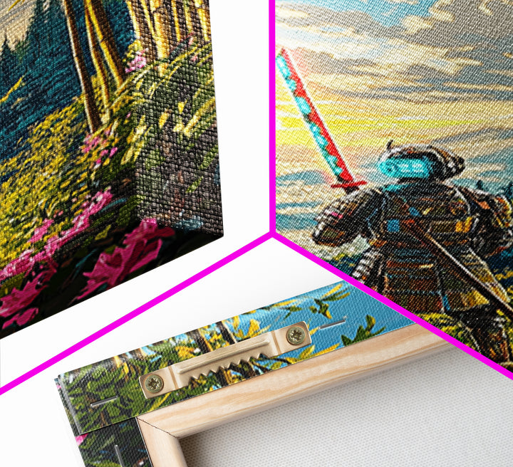 Neon Samurai In Bamboo Mountain Valley Canvas Print, Japanese Wall Art, Sunrise Landscape, Fantasy Home Decor, Gift For Him