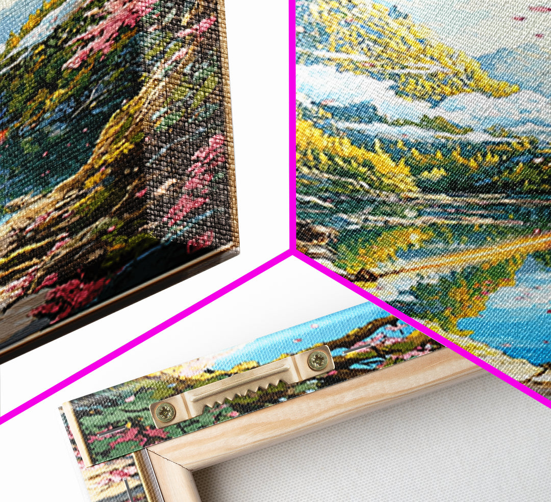 Wandering Samurai By Lake And Mountain Castle Wall Art, Japanese Fantasy Landscape, Cherry Blossom Print, Scenic Home Decor