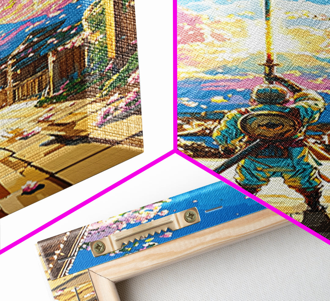 Samurai Raising Neon Sword In Cherry Blossom Village Canvas Print, Japanese Wall Art, Mount Fuji Decor, Fantasy Gift For Him