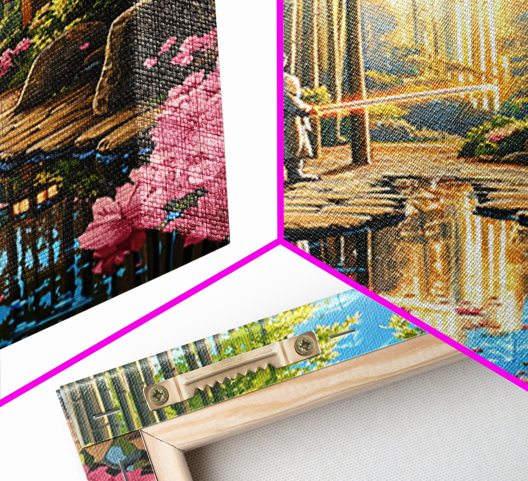 Samurai In Bamboo Garden With Cherry Blossoms Wall Art, Japanese Fantasy Canvas, Zen Landscape, Living Room Decor, Home Decor Gift