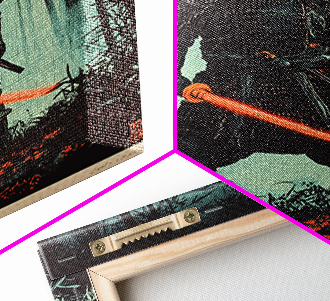 Dark Samurai In Bamboo Forest Framed Canvas Print, Japanese Warrior Wall Decor, Cyberpunk Fantasy Art, Gift For Him, Moody Office Decor
