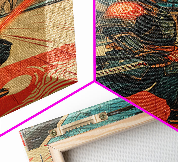 Futuristic Samurai In Subway Station Canvas Print, Japanese Cyberpunk Warrior, Sci Fi Wall Art, Gaming Room Decor Gift Idea