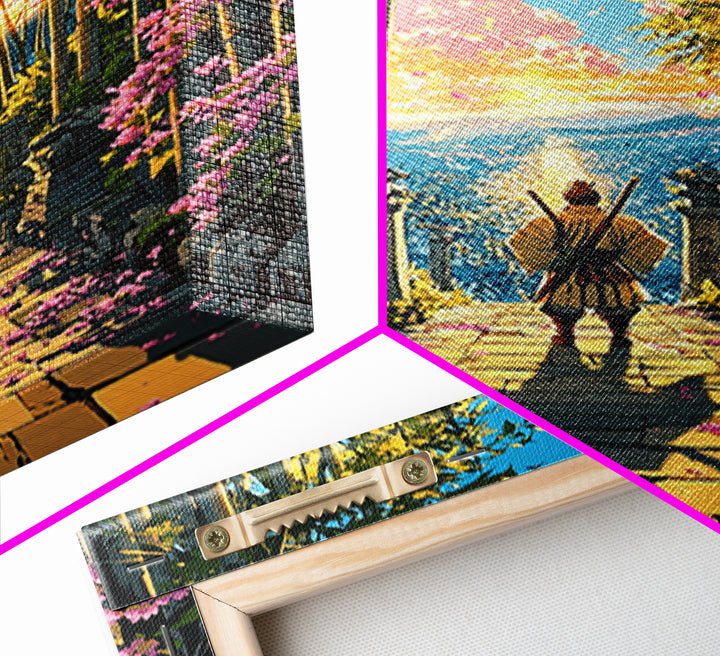 Lone Samurai On Bamboo Path At Sunrise Wall Art, Japanese Landscape Canvas, Cherry Blossom Decor, Zen Living Room Art, Housewarming Gift