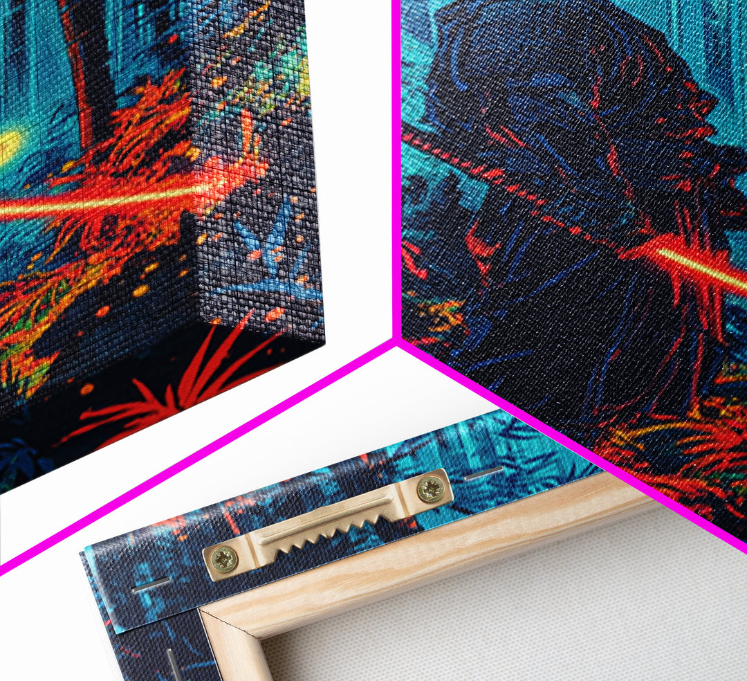 Neon Samurai In Blue Bamboo Forest Canvas Print, Cyberpunk Japanese Wall Art, Dark Fantasy Decor, Gaming Room Gift For Him