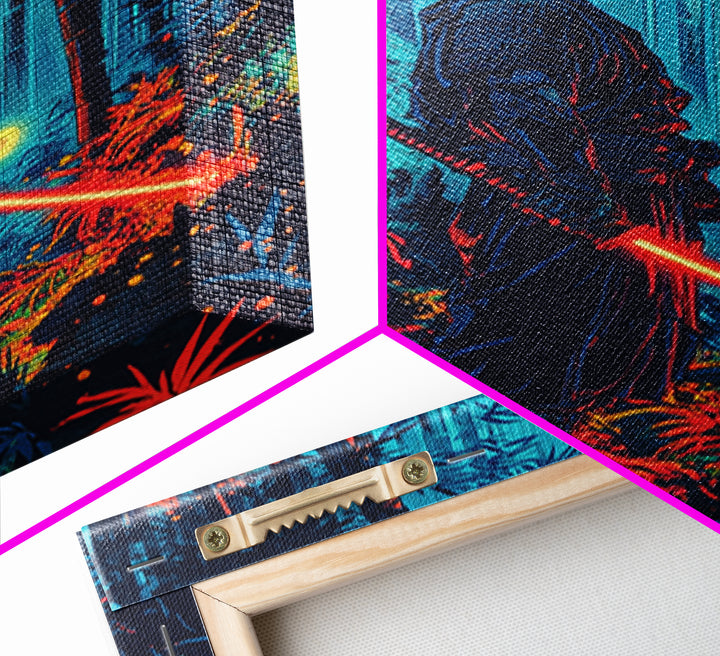 Neon Samurai In Blue Bamboo Forest Canvas Print, Cyberpunk Japanese Wall Art, Dark Fantasy Decor, Gaming Room Gift For Him