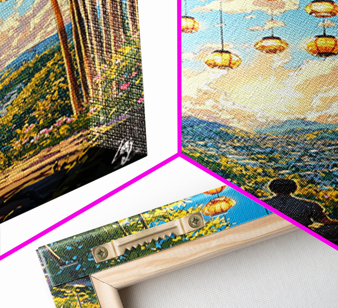 Meditating Figure In Bamboo Valley With Lanterns Wall Art, Zen Landscape Canvas, Japandi Decor, Calm Meditation Room Art