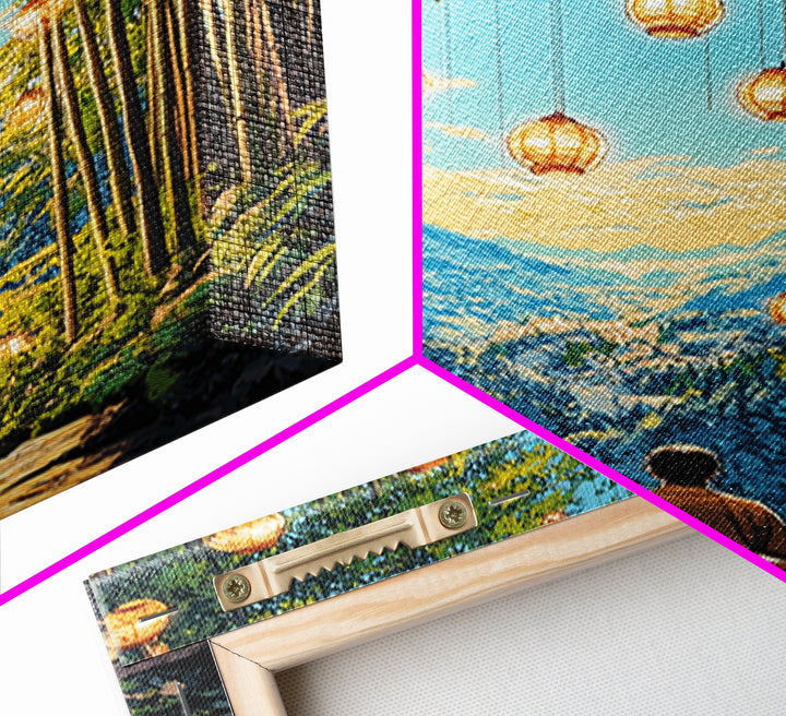 Lantern Lit Bamboo Meditation Mountain Wall Art, Japanese Zen Decor, Spiritual Nature Print, Calming Office Living Room Decor