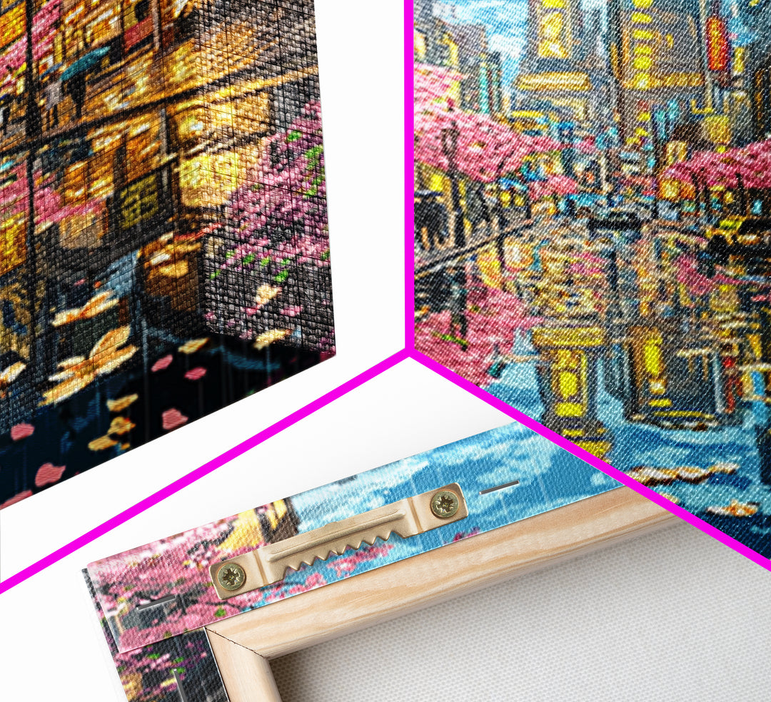 Rainy Tokyo Cherry Blossom Street Wall Art, Japanese Cityscape Print, Neon Urban Travel Poster, Modern Living Room Decor