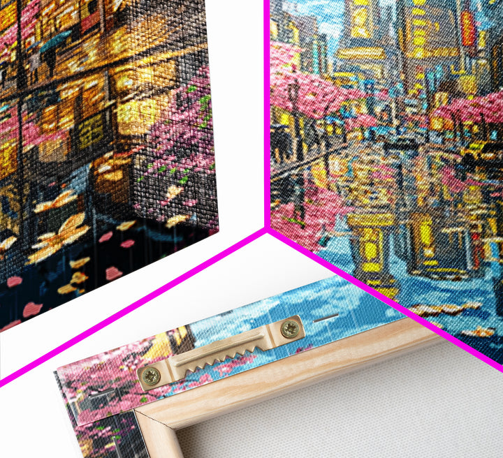 Rainy Tokyo Cherry Blossom Street Wall Art, Japanese Cityscape Print, Neon Urban Travel Poster, Modern Living Room Decor