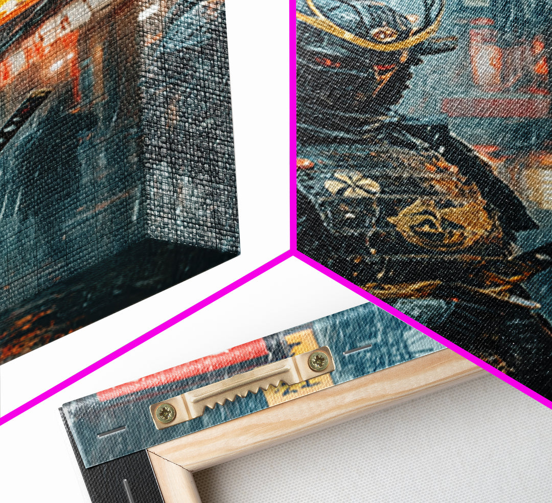 Armored Samurai In Rainy Neon Alley Canvas Print, Japanese Warrior Wall Art, Cyberpunk Decor, Dramatic Office Poster Gift For Him
