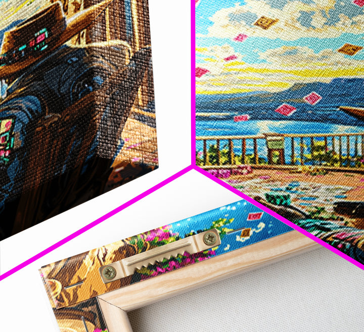 Cyber Cowboy Poker Terrace Wall Art, Southwestern Desert Canvas Print, Futuristic Western Decor, Game Room Unique Gift For Him