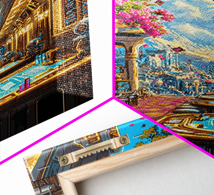 Futuristic Flower Lined Casino Street Canvas Print, Colorful Wall Art, Sci Fi City Travel Poster, Modern Living Room Decor