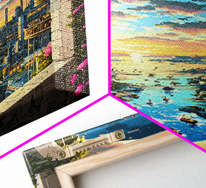Sunset Harbor City View Between Balconies Framed Canvas Print, Coastal Wall Art, Fantasy Landscape, Above Bed Decor, Living Room Decor