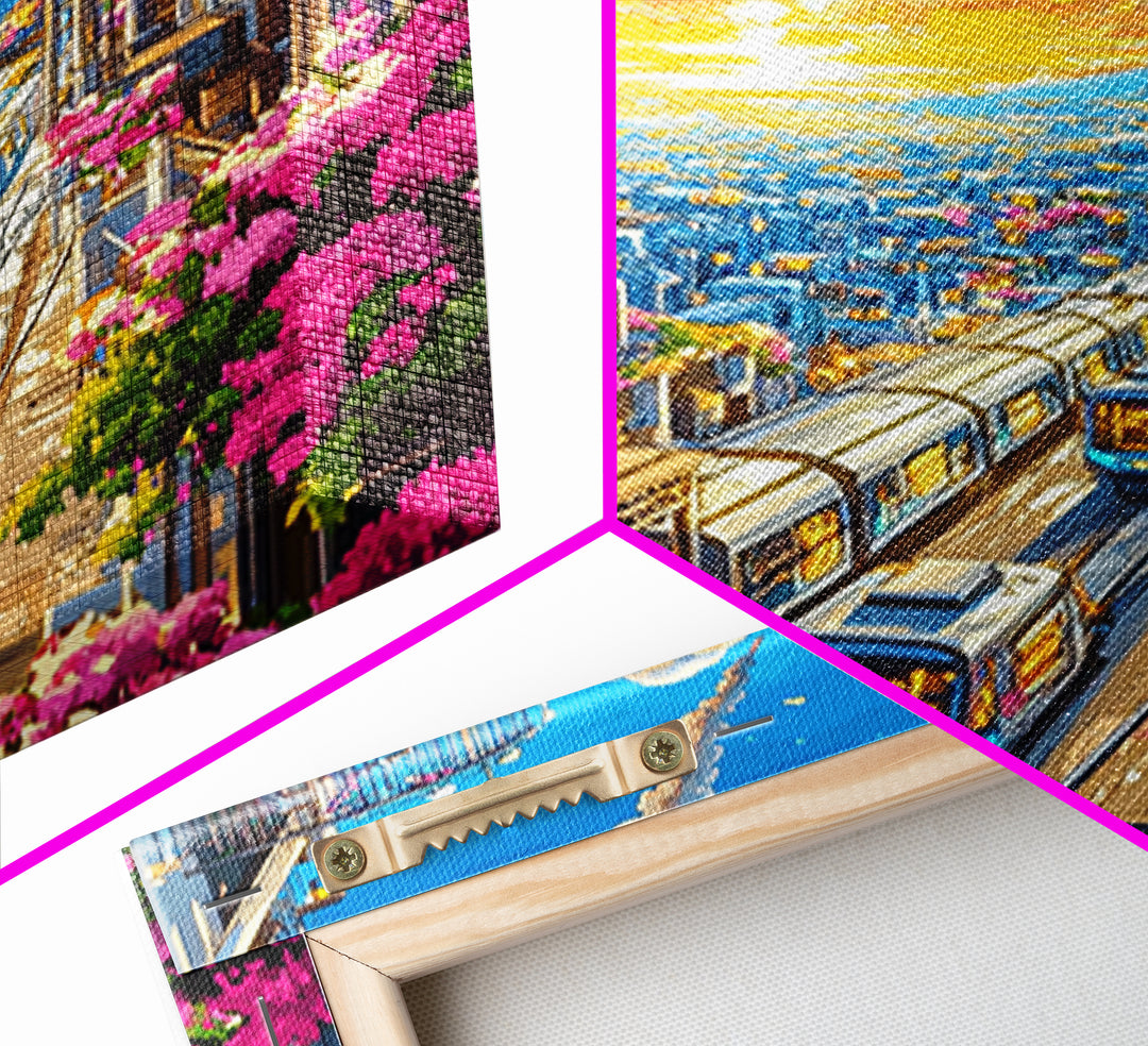 Sunset City Train Tracks With Flower Balconies Canvas Print, Futuristic Wall Art, Urban Travel Poster, Modern Home Decor