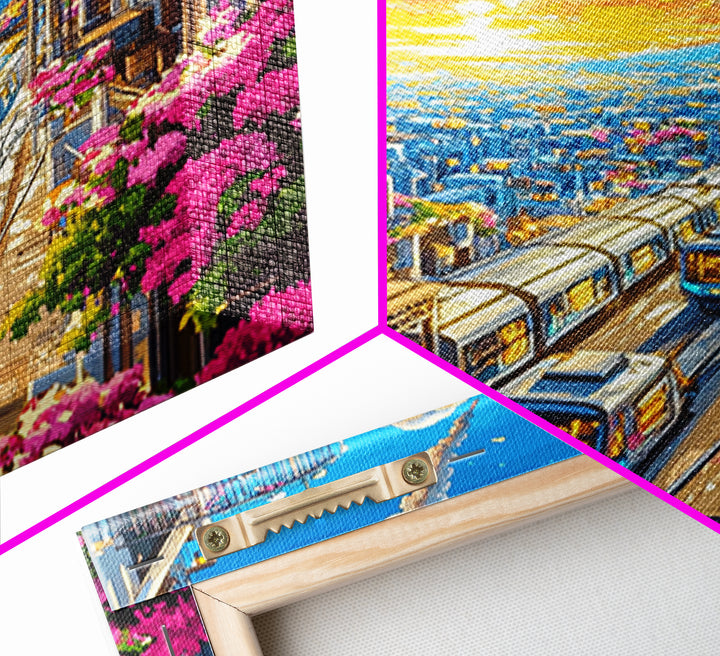 Sunset City Train Tracks With Flower Balconies Canvas Print, Futuristic Wall Art, Urban Travel Poster, Modern Home Decor