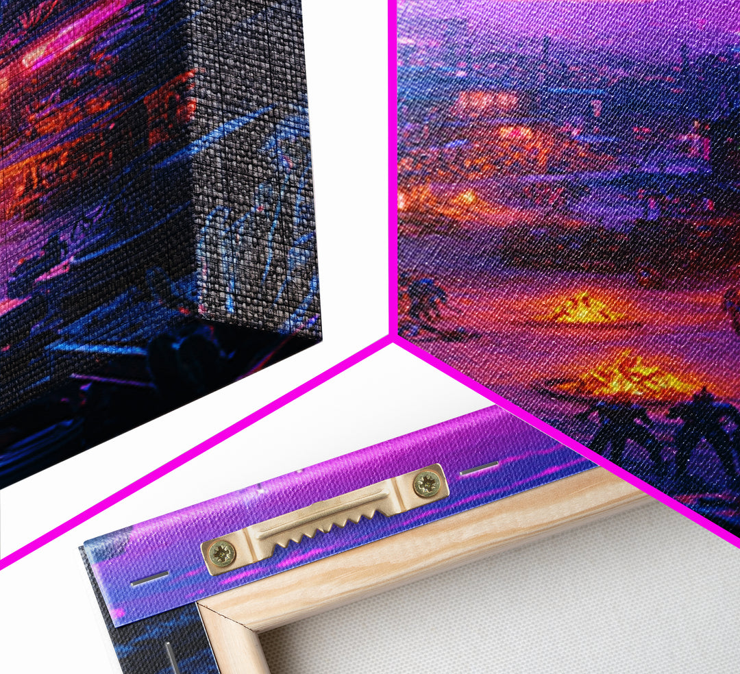 Purple Moon Cyberpunk Desert Settlement Wall Art, Sci Fi Western Poster, Dystopian Landscape, Gaming Room Decor Gift For Him
