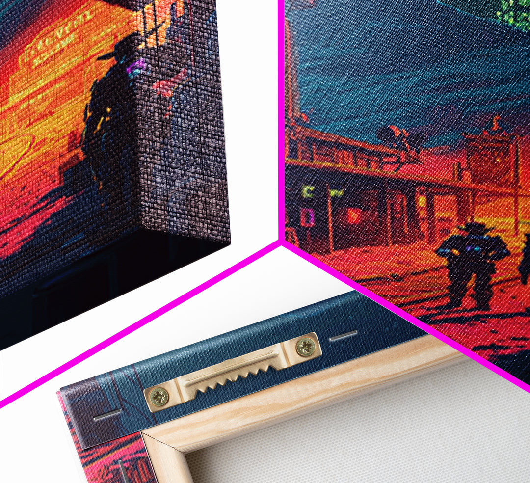 Neon Frontier Street With Cowboys Canvas Print, Cyberpunk Western Wall Art, Sci Fi Poster, Man Cave Gaming Room Decor Gift For Him