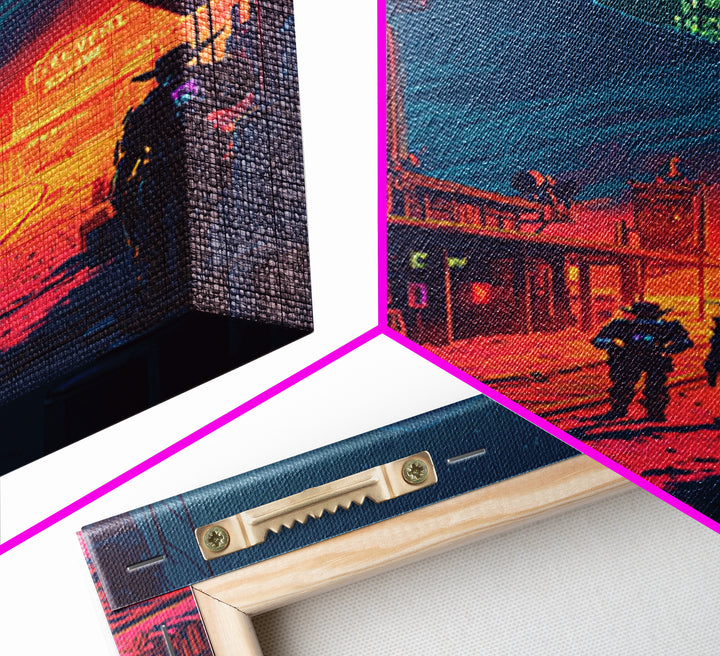 Neon Frontier Street With Cowboys Canvas Print, Cyberpunk Western Wall Art, Sci Fi Poster, Man Cave Gaming Room Decor Gift For Him