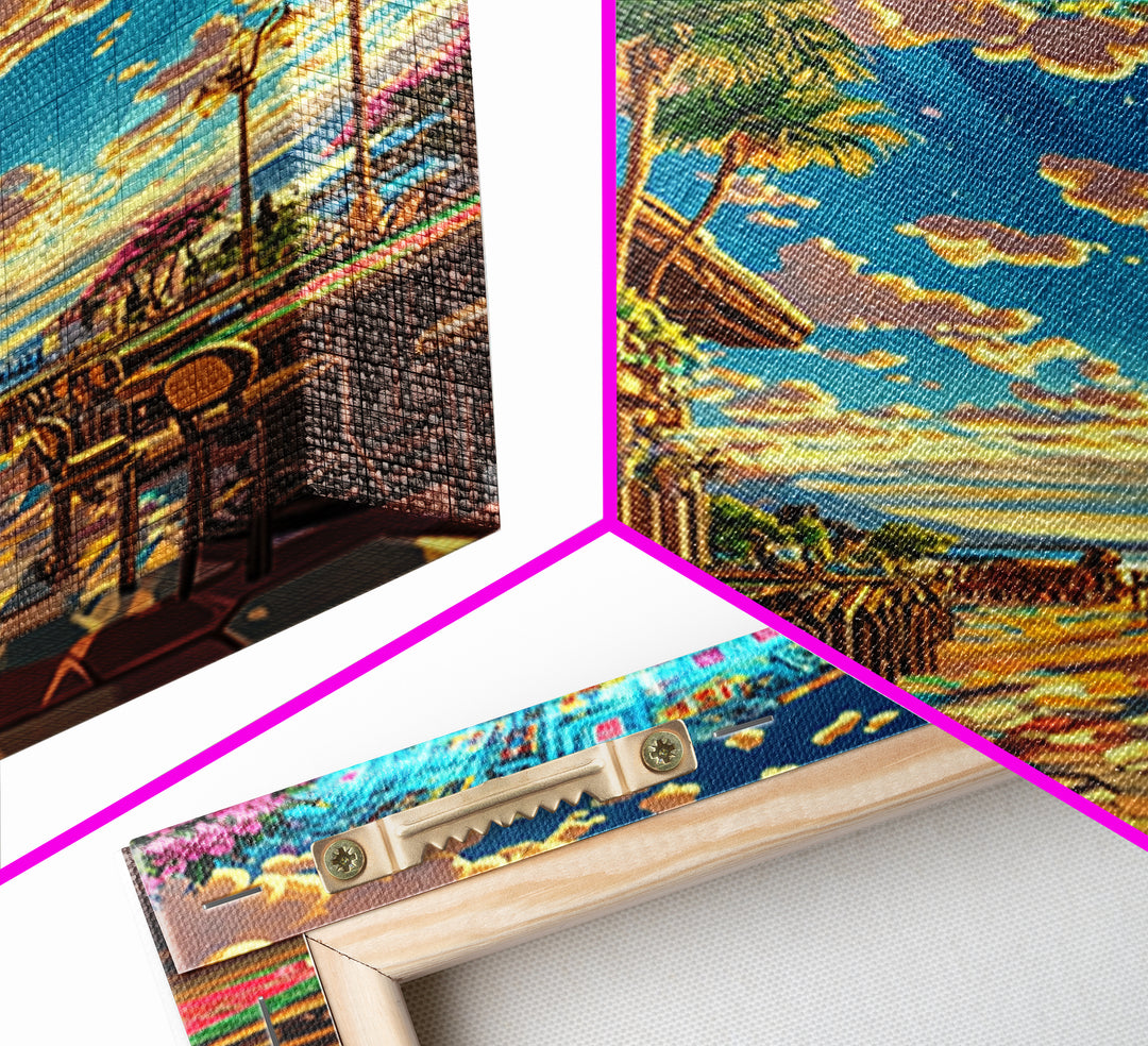 Coastal Casino Terrace UFO Canvas Print, Futuristic Travel Poster, Vibrant Coastal Wall Art, Maximalist Home Decor For Living Room