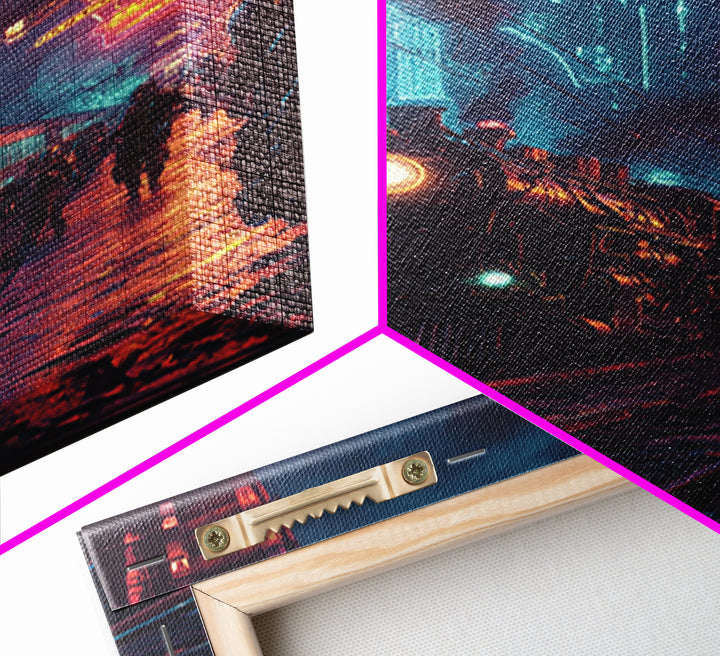 Neon Cyberpunk Steam Train Station Canvas Print, Futuristic Cityscape Wall Art, Sci Fi Decor, Gamer Room, Gift For Him, Modern Home Decor