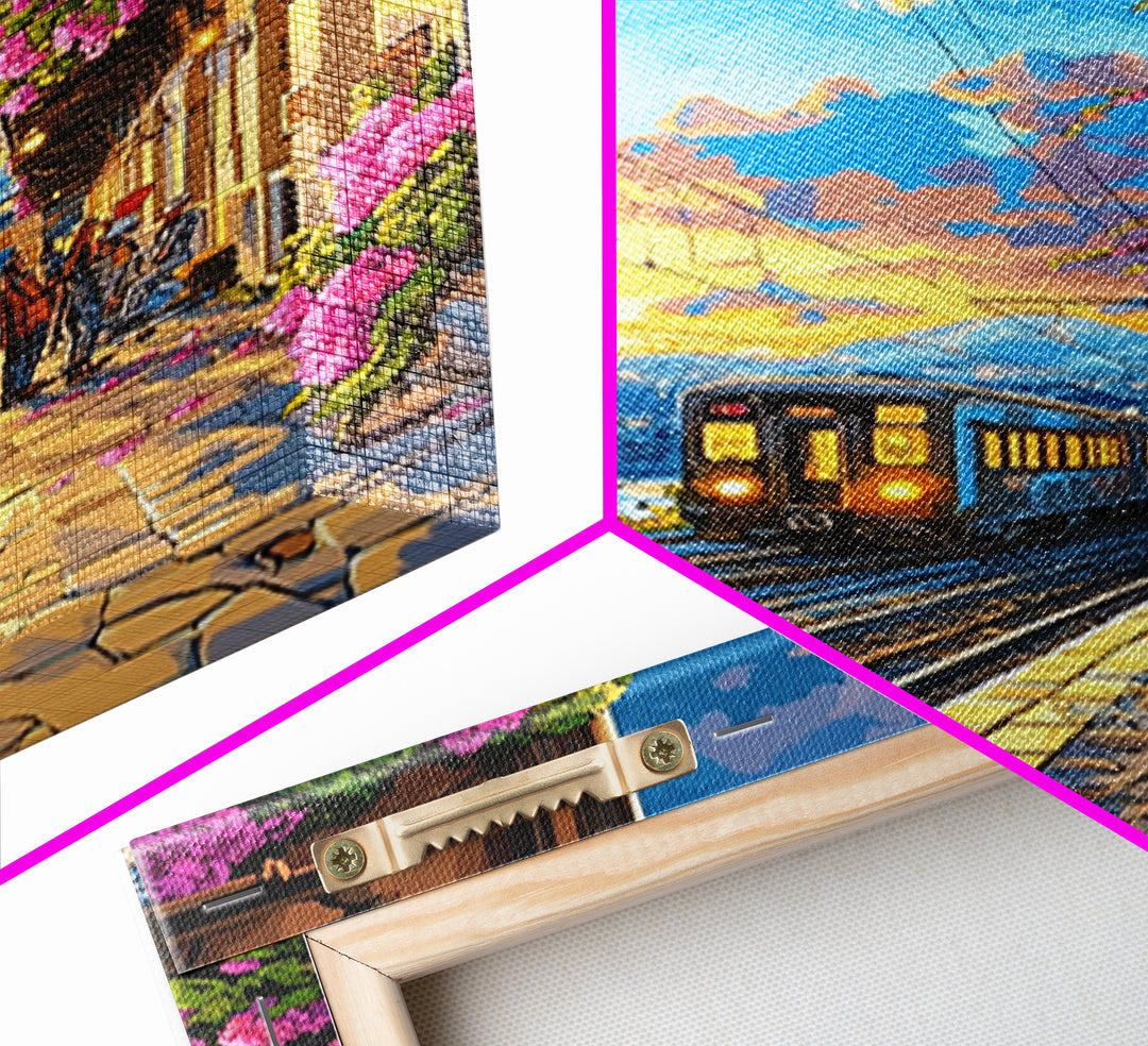 Coastal Sunset Train By Flowered Balcony Canvas Print, Mediterranean Wall Art, Travel Poster, Living Room Decor, Gift For Her