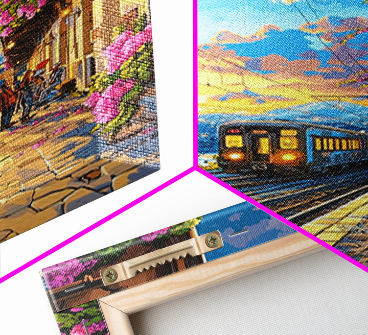 Coastal Sunset Train By Flowered Balcony Canvas Print, Mediterranean Wall Art, Travel Poster, Living Room Decor, Gift For Her