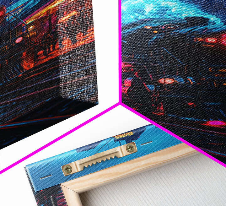 Neon Dystopian Steam Train Canvas Print, Cyberpunk City Wall Art, Futuristic Decor, Sci Fi Poster, Gaming Room Gift For Him