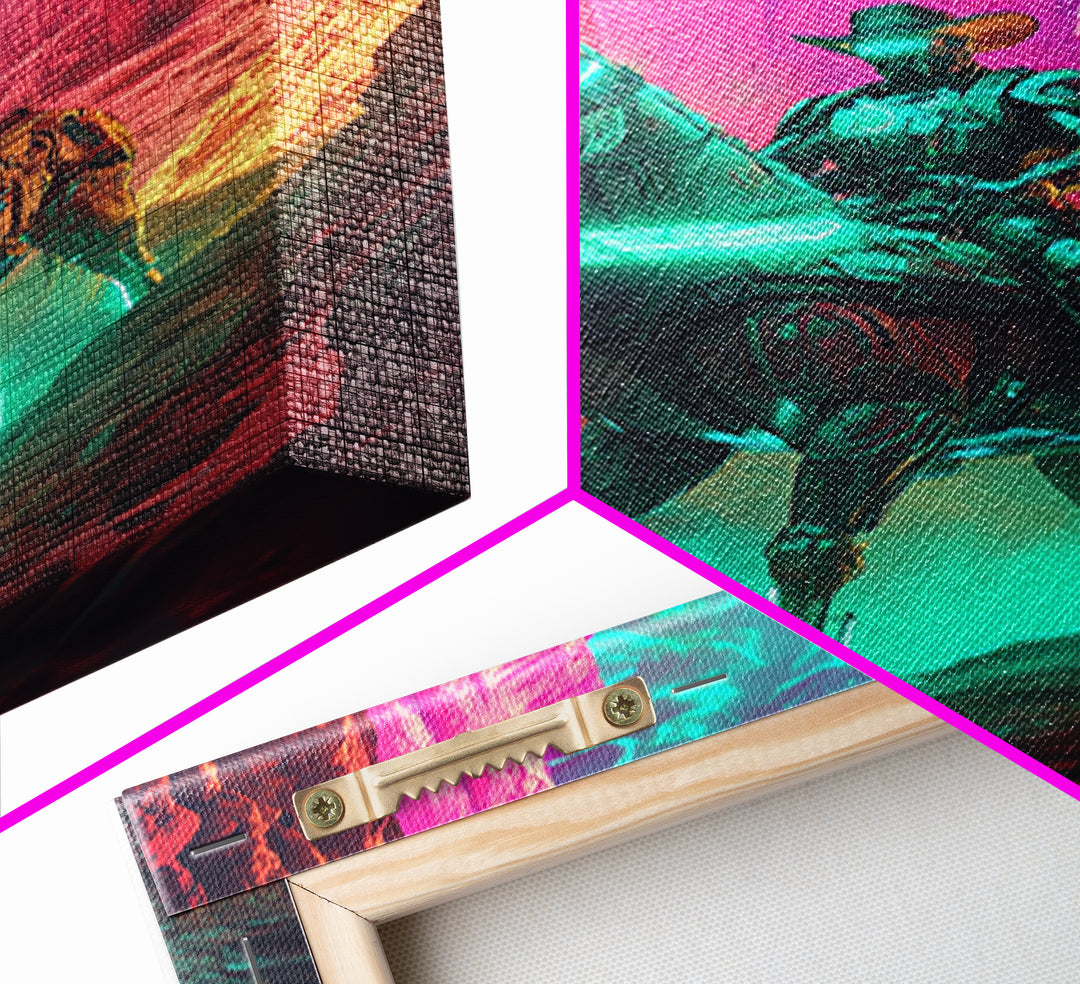 Neon Robot Cowboy In Red Desert Canyon Canvas Print, Cyberpunk Western Wall Decor, Futuristic Sci Fi Gaming Room Wall Decor