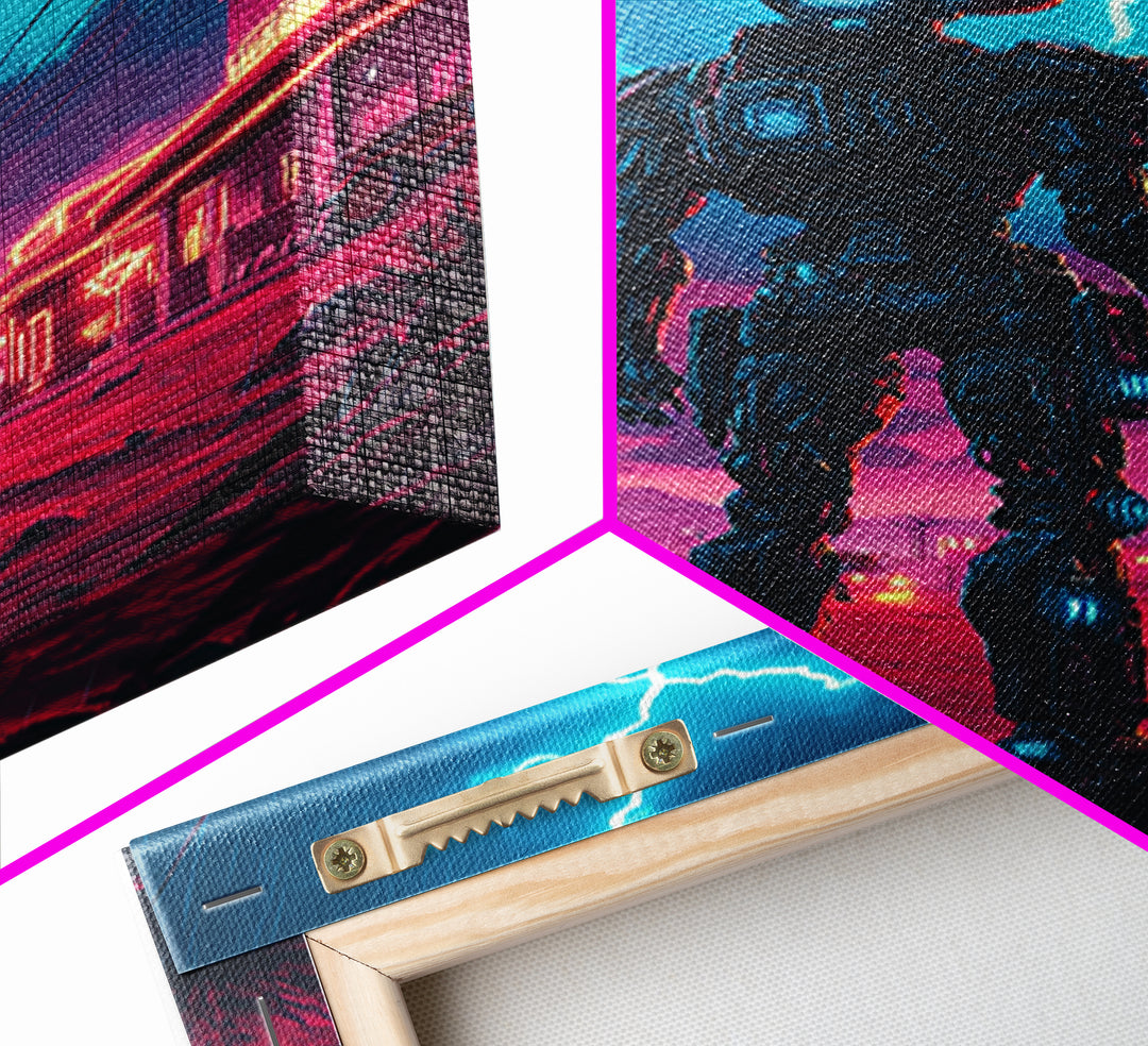 Robot Cowboy In Neon Storm Western Town Wall Art, Cyberpunk Sci Fi Poster, Futuristic Gaming Room Decor, Man Cave Gift For Him