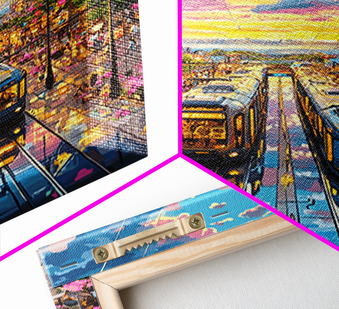 Colorful Tram Street At Sunset Canvas Print, Urban Landscape Wall Art, City Travel Poster, Eclectic Living Room Home Decor