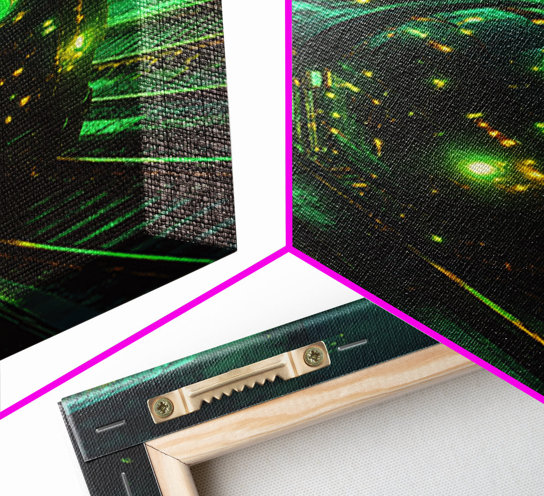Glowing Green Futuristic Train Station Wall Art, Cyberpunk Railway Canvas, Dark Sci Fi Cityscape Office Decor, Gaming Room Art