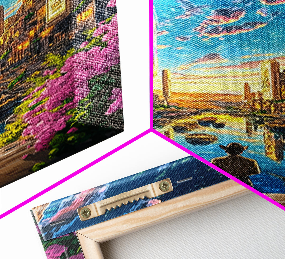 Cowboy Overlooking Neon Canal City At Dusk Wall Art, Futuristic Western Travel Poster, Colorful Urban Home Decor, Living Room Art