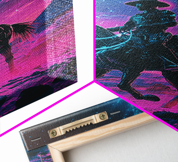 Neon Cosmic Cowboy On Glowing Horse Wall Art, Futuristic Western Desert Canvas Print, Sci Fi Space Decor For Gamers Gift