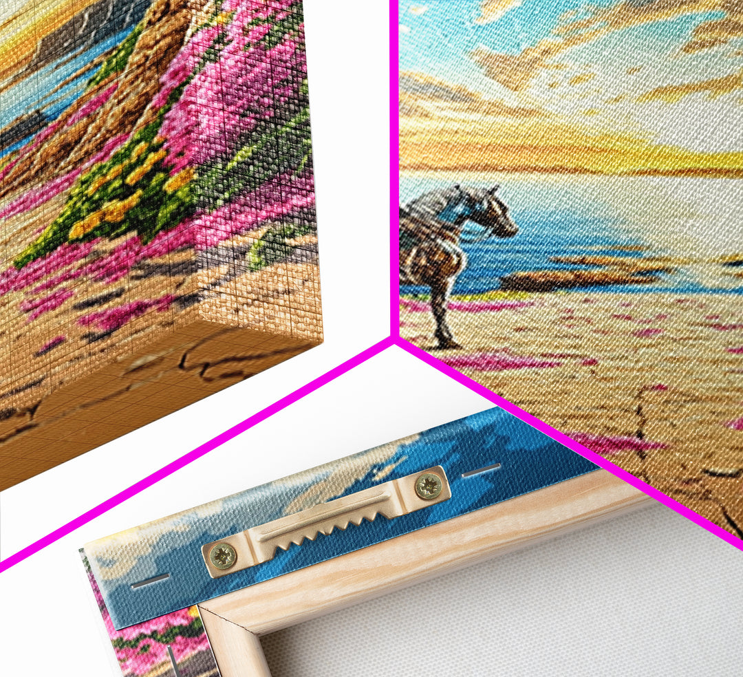 Western Rider On Coastal Flower Path Wall Art, Sunset Seascape Landscape Framed Canvas Print, Beach House Decor Gift Idea