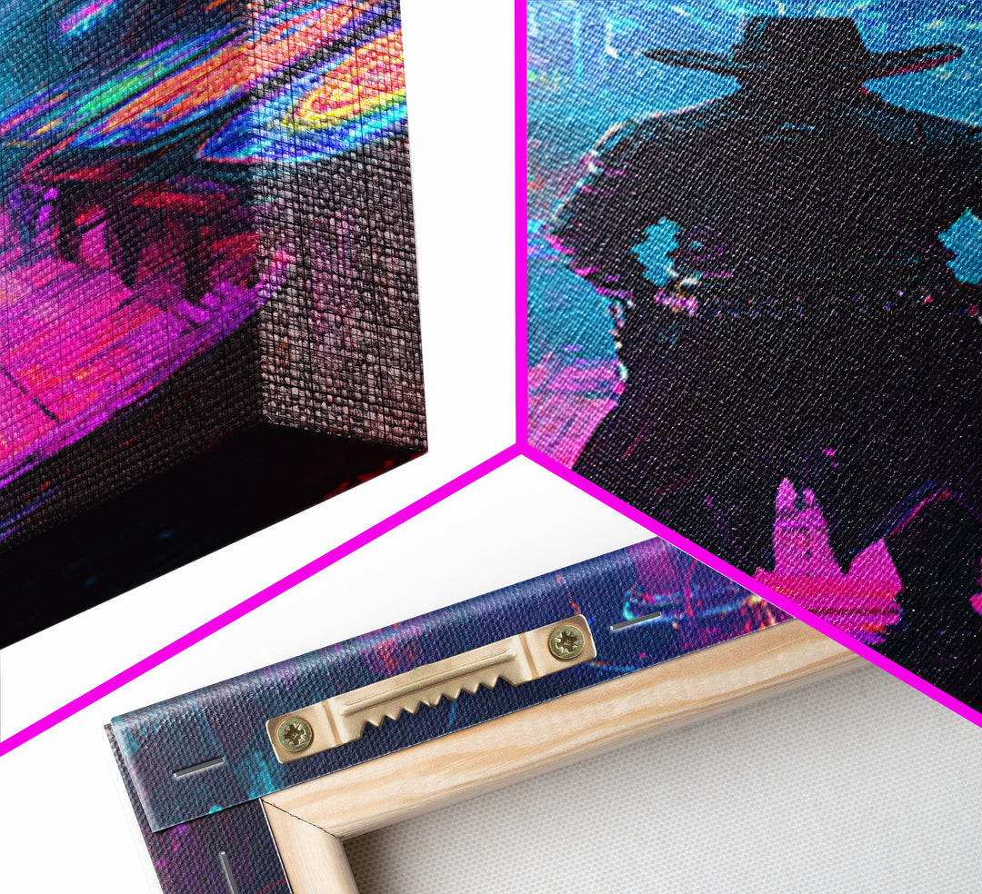 Cyber Cowboy In Neon Futuristic City Wall Art, Dystopian Western Street Canvas Print, Sci Fi Gaming Room Decor Gift For Him