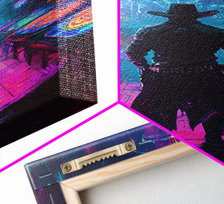 Cyber Cowboy In Neon Futuristic City Wall Art, Dystopian Western Street Canvas Print, Sci Fi Gaming Room Decor Gift For Him