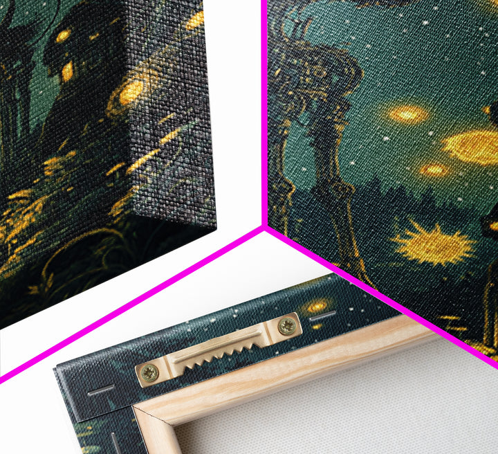 Glowing Mechanical Forest Creatures Wall Art, Dark Fantasy Art, Whimsical Animal Art, Celestial Decor, Unique Home Decor