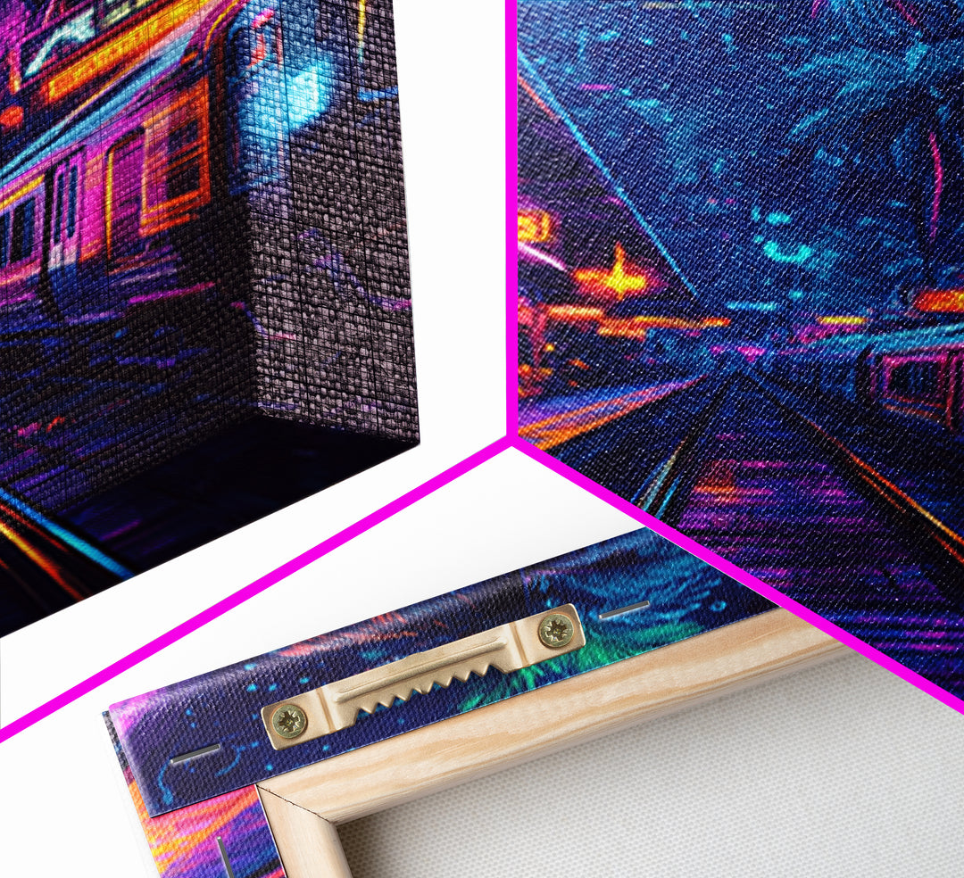 Neon Tropical Cyberpunk Train Wall Art, Futuristic Cityscape Art, Vaporwave Decor, Gaming Room Art, Large Sci Fi Canvas Print
