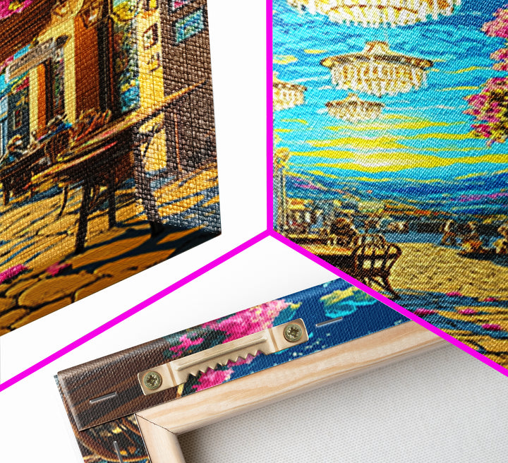 Chandelier Lit Mediterranean Cafe Wall Art, Colorful Travel Poster, Coastal Decor, Dining Room Print, Framed Canvas Print