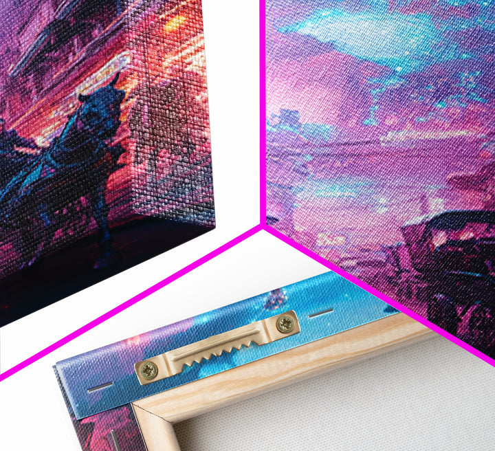 Neon Cyberpunk Horseback City Under Cosmic Sky Wall Art, Futuristic Sci Fi Poster, Gaming Room Decor, Vaporwave Home Decor