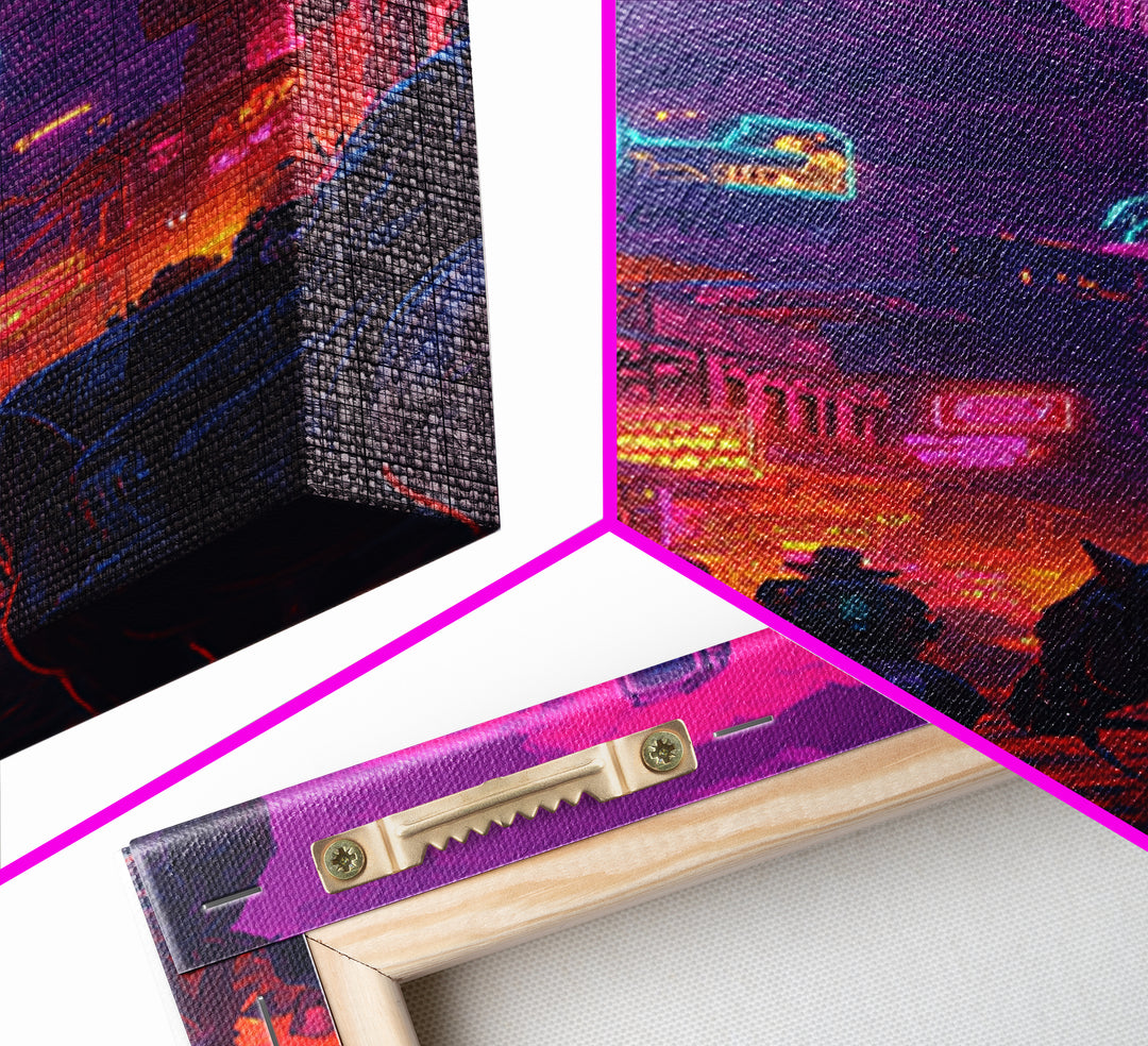 Neon Western Canyon Town With Cowboys Framed Canvas Print, Cyberpunk Wall Art, Futuristic Decor, Gaming Room Poster, Sci Fi Home Decor
