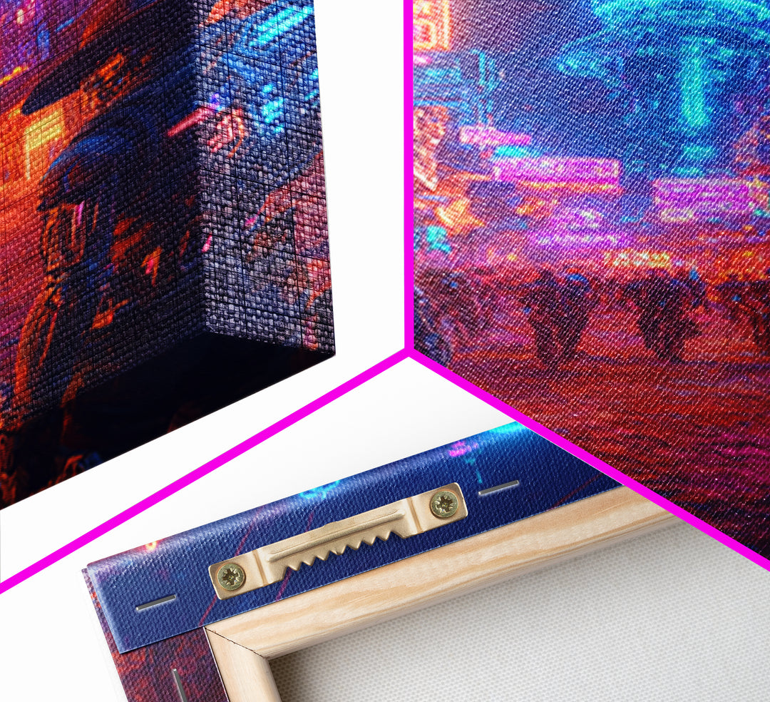 Neon Cyberpunk Cowboy And Robot City Canvas Print, Futuristic Wall Art, Sci Fi Poster, Gaming Room Decor, Vaporwave Gift